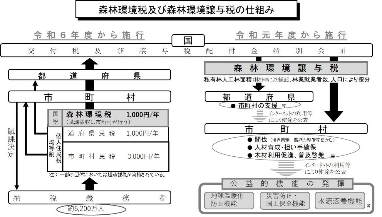 森林環境税及び森林環境譲与税の仕組みに関する図